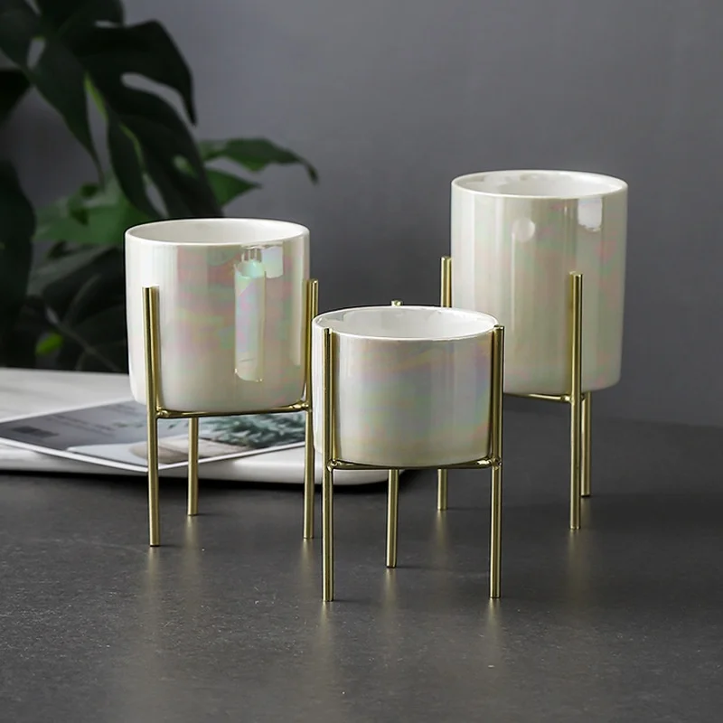 Nordic Simplicity Ceramic Planter White Succulent Plant Pot Outdoor Indoor Home Decor Ceramic Garden Flower Pot with Iron Stand