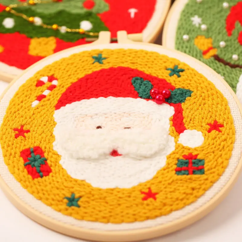 Christmas Punch Needle Kit Starter with Threader Fabric Embroidery Hoop Yarn Rug Punch Needle Adults Kids Embroidery Craft