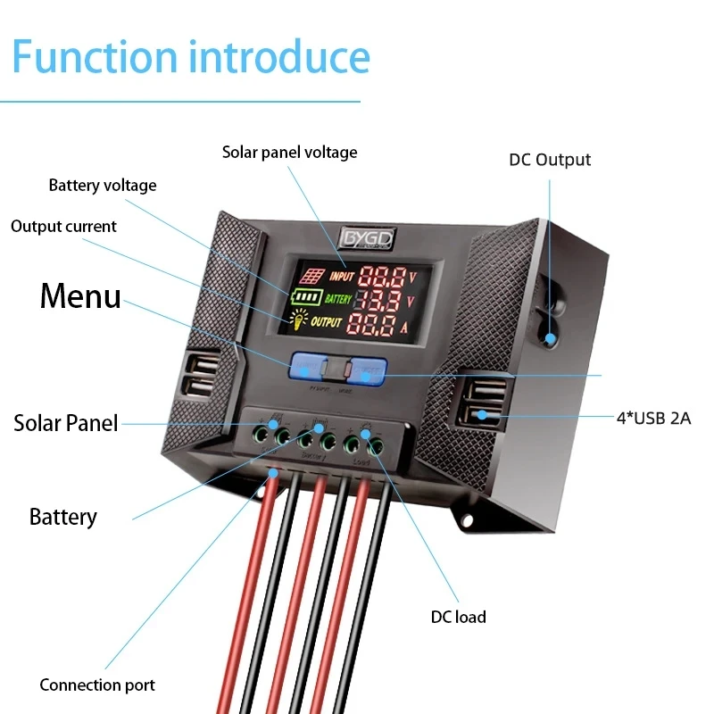 50V DC Solar Panel Controller Regulator Double Dual USB HD Colorful Screen 20A 30A 40A 12V 24V PWM PV Solar Charging Controller