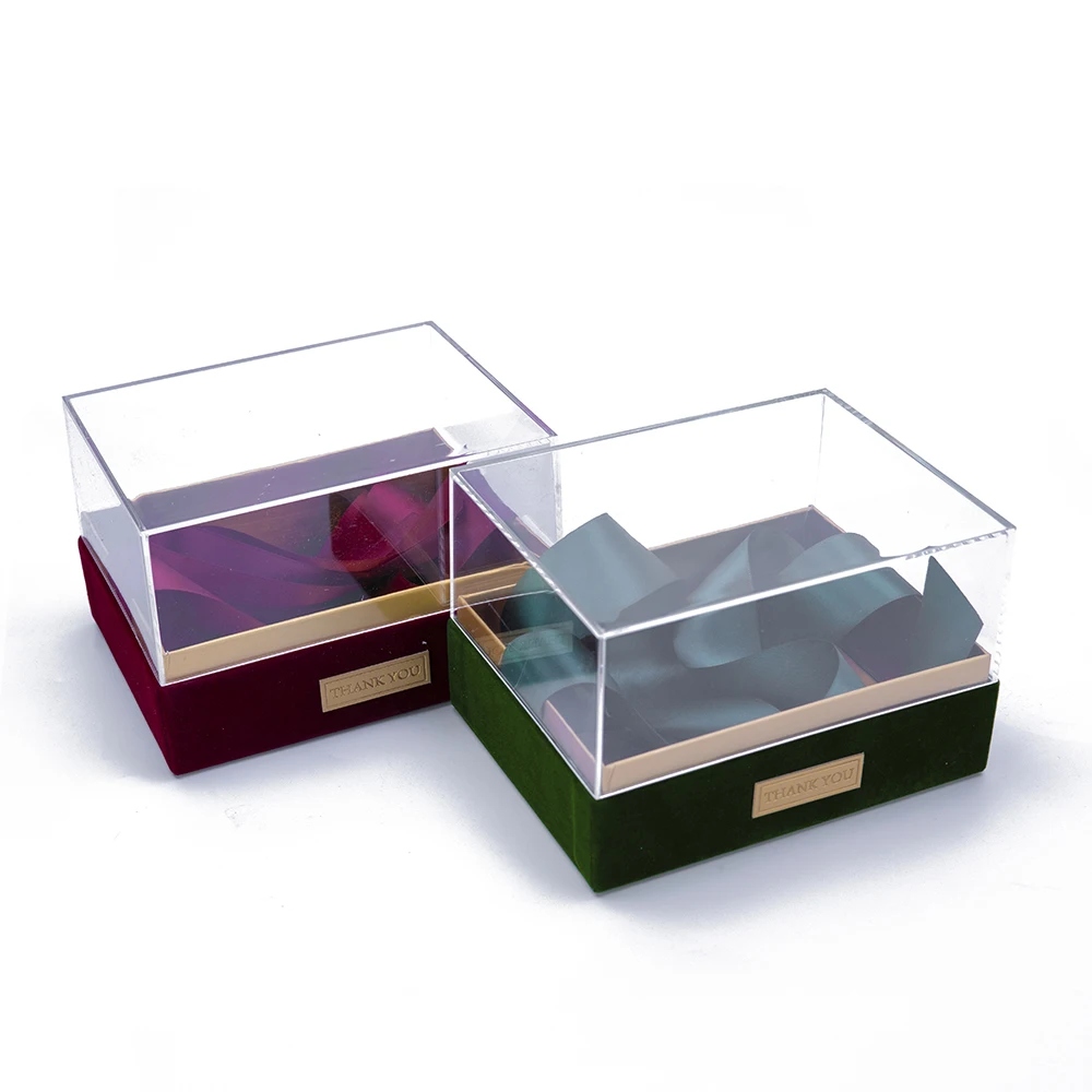 Acrylic Cover Lid Paper Boxes Transparent Chocolate Gift Box with Ribbon