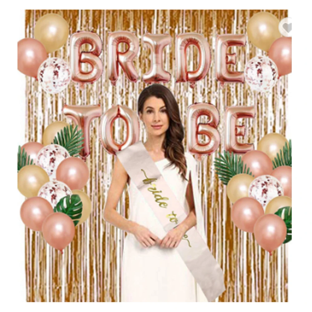 Bride To Be bachelorette party set Sash rose gold confetti Latex foil Balloons tablecover foil  tinel fringe curtain background