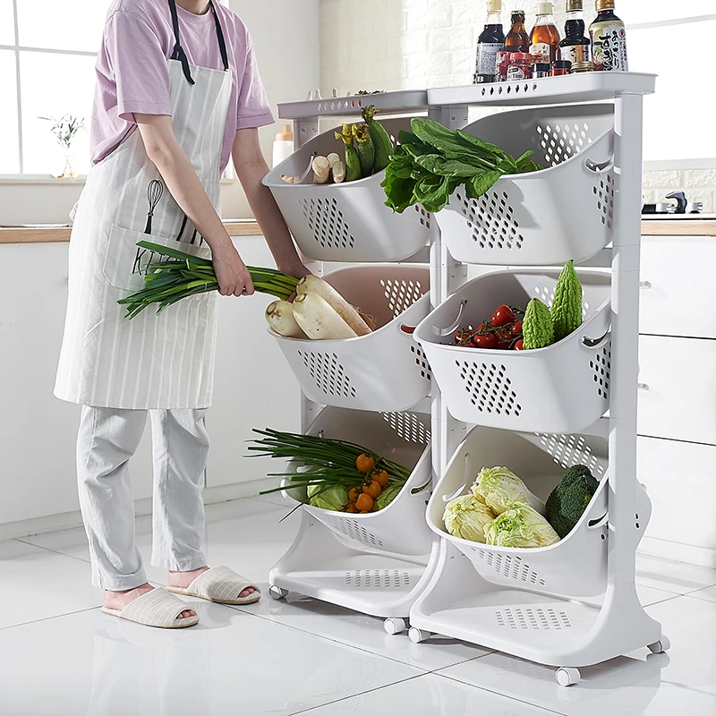 
3 Layers Basket Rolling Multi Purpose Laundry Cart Basket Hamper Bathroom Shelf Plastic Fruit Vegetable Storage Basket 