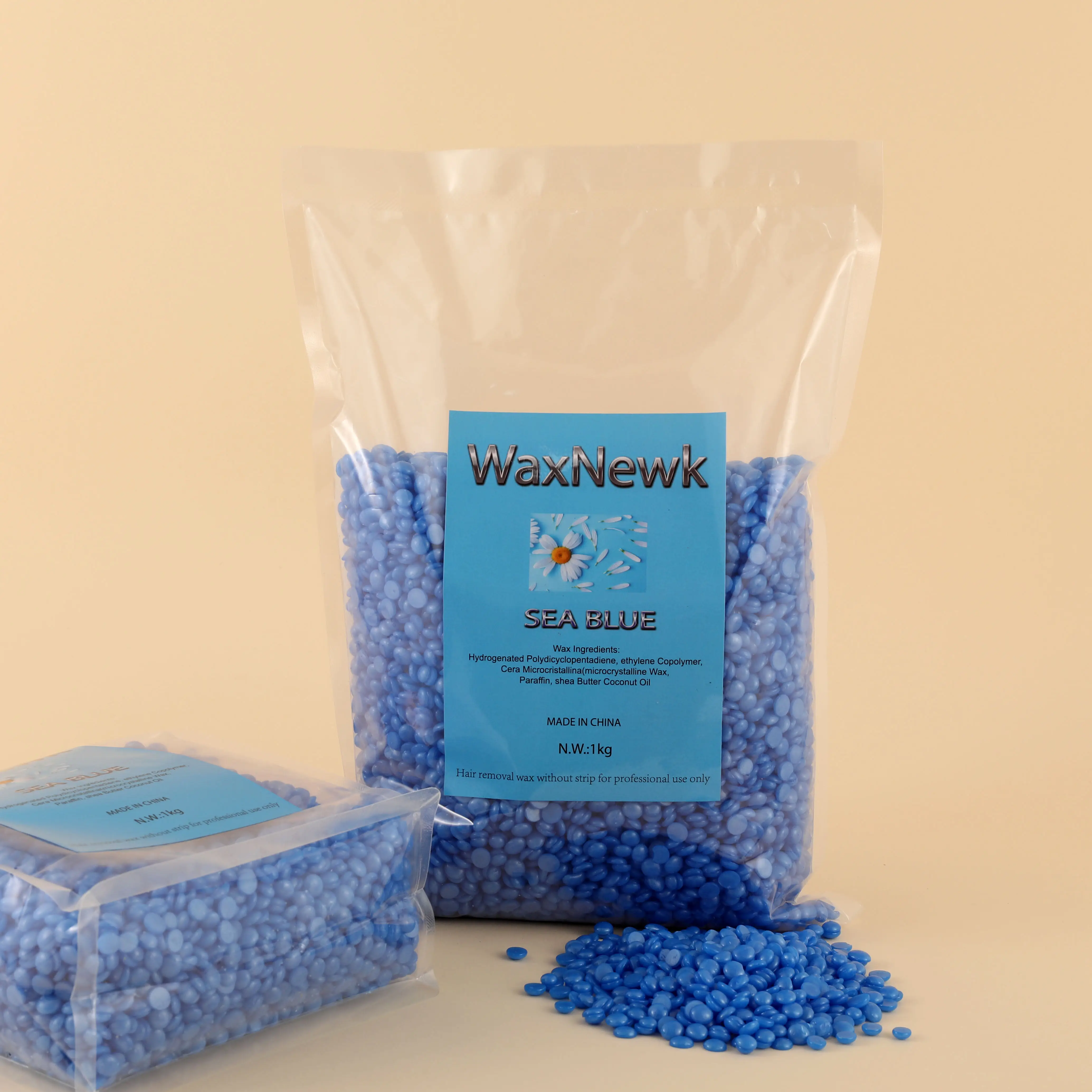 WaxNew sea blue film hard wax beans-rosin free Shimmer sea Blue Hypoallergenic azulene chamomile hypoallgenic Wax Beads