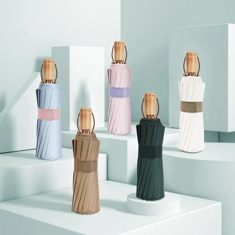 High Quality Uv Protection 16 Fiberglass Ribs Golden Frame Strong Windproof Compact 3 Folding Sun Blocking Travel Golf Umbrella