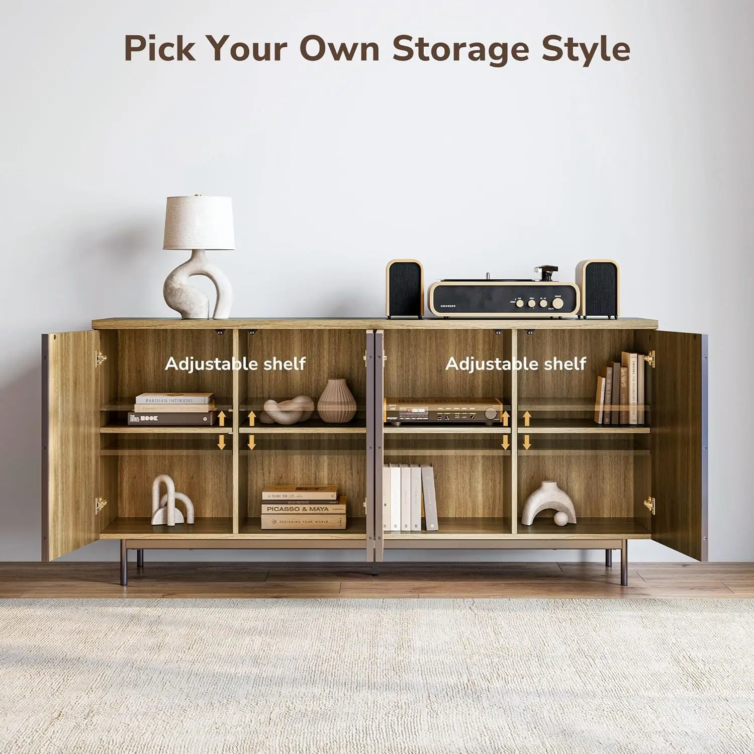 Buffet cabinets, 63-inch lockers with fluted decorative doors, modern control tables for dining, kitchen and living rooms