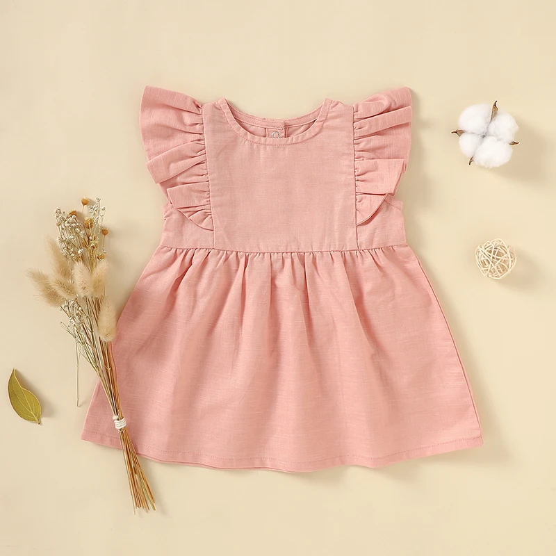Wholesale Linen Organic Cotton Ruffle Shoulder 1 Year Girl Baby Summer Dresses