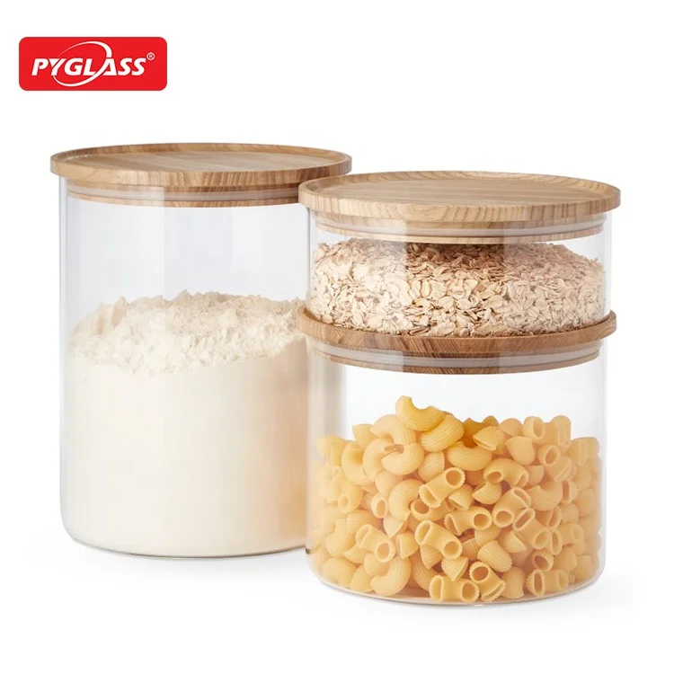 Hold Everything Stacking Glass Canister Set of 3,Glass Kitchen Canisters with with bamboo lids,Glass storage jars