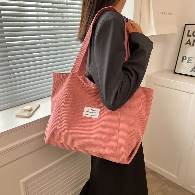 Hot Selling Fashion Reusable Large Capacity Zipper Shoulder Women Corduroy Tote Bag