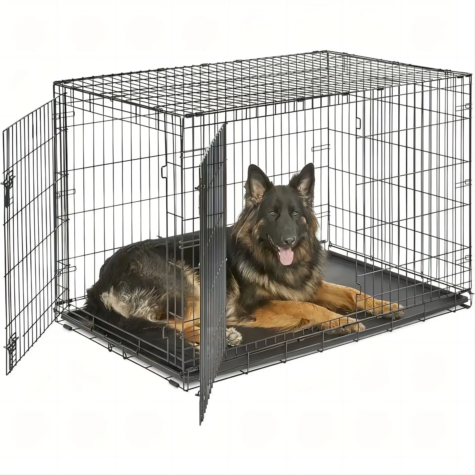 Large Double-Door Pet Cage Foldable Metal Bottomless Dog & Cat Cage with Button Closure
