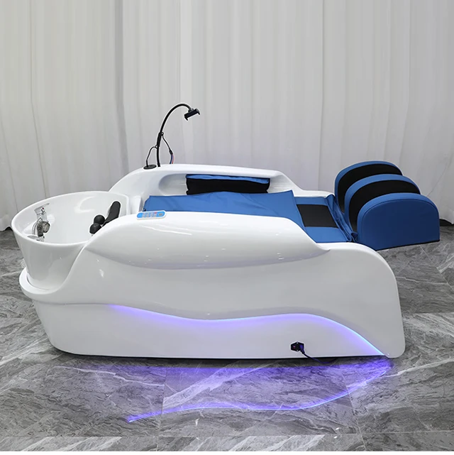 Light Blue PU Wear-Resistant Leather Comfort Massage Electric Reclining Backwash Shampoo Unit Shampoo Chair