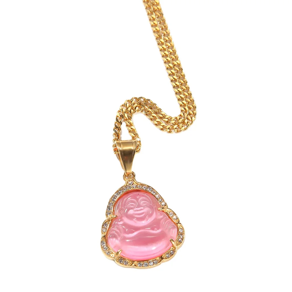 Best selling Instagram Pink Green Red Jade Buddha Diamond Pendant Hip Hop Iced Out Jewelry Baguette Necklace