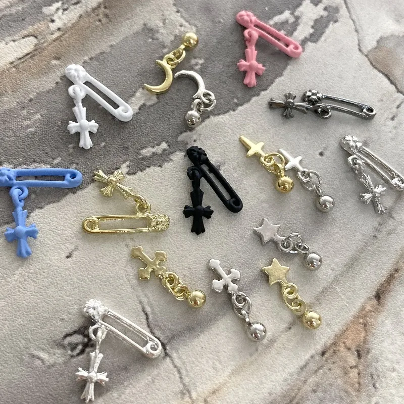 Chrome Heart Brooch Cross Nail Art Frosted Metal Star and Moon Pendant Nail Jewelry