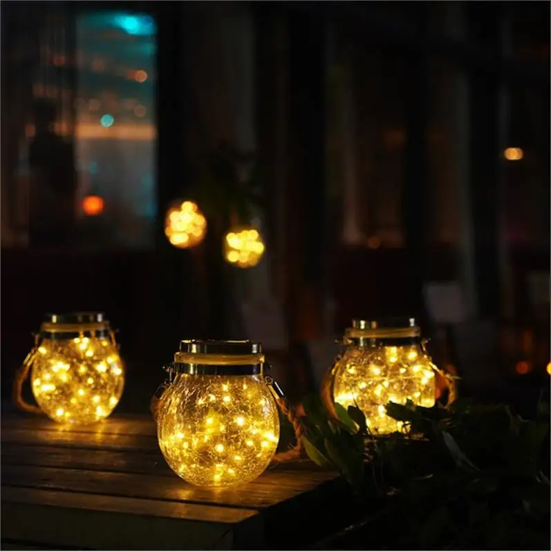  New product outdoor Solar Decoration charging Hemp Rope Crackle Bottle Glass Jar crack lamp for Eaves