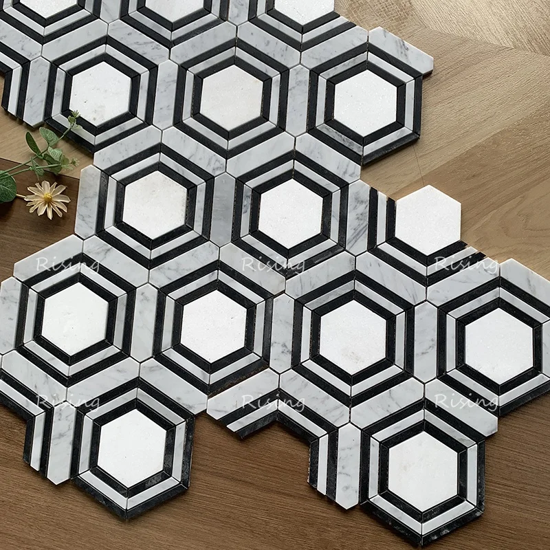 Modern Carrara White with Black Stone Accents Hexagonal Floral Pattern Natural Stone Tile Wall Mosaics