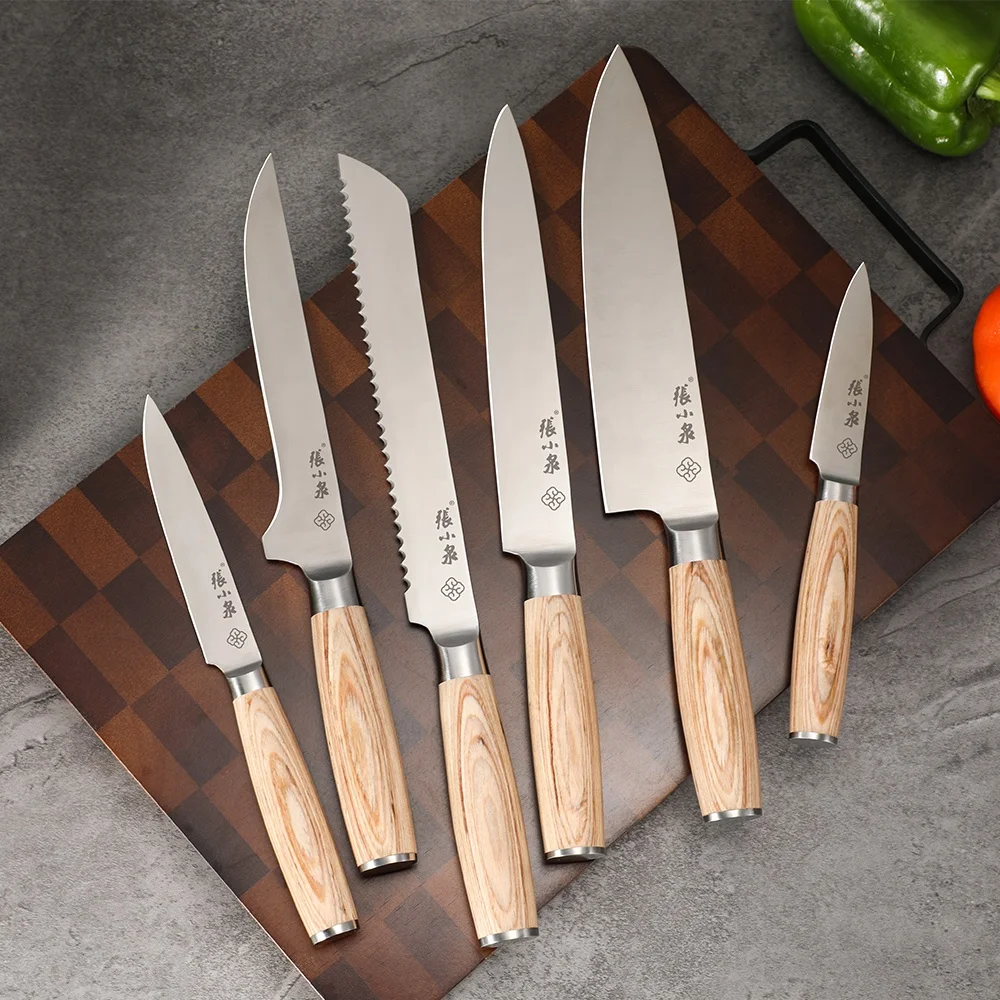 Hot Sale Custom Logo 5 Pcs Acacia Wood Handle Kitchen Knife Sets Stainless Steel Knife Set