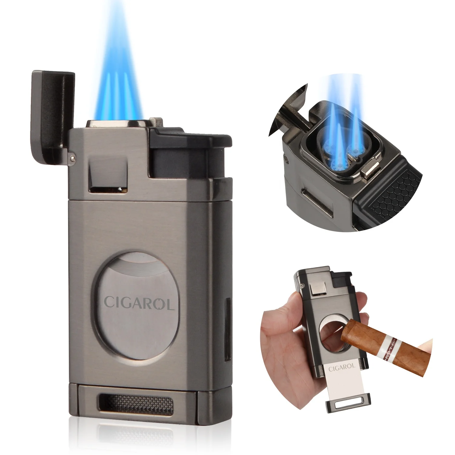 Hot sales Cigar Torch Lighter with Built in Cigar Cutter Triple Jet Flame Lighter Refillable Butane Windproof Lighters