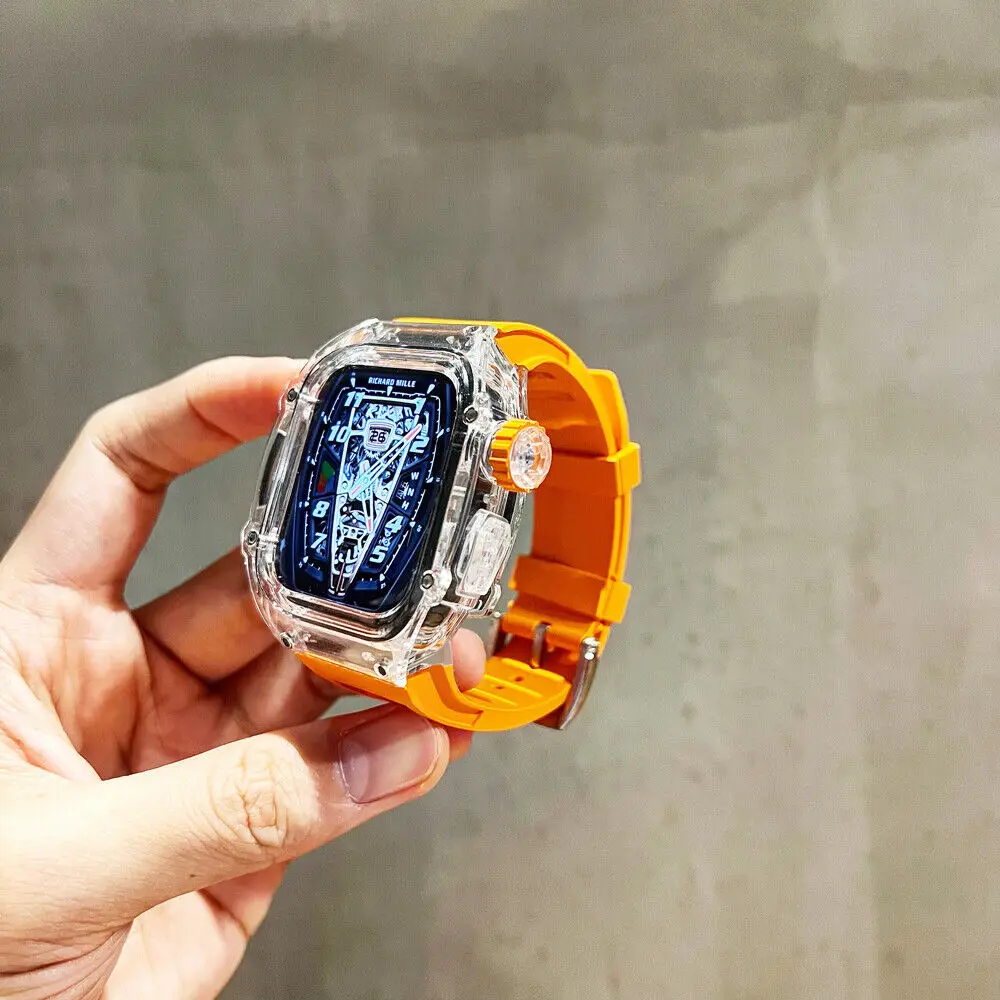 Luxury Transparent Case for Apple Watch Ultra 49mm Mod Kit Fluororubber Sport Strap for iwatch Series 8 7 6 5 4 SE 44mm 45mm