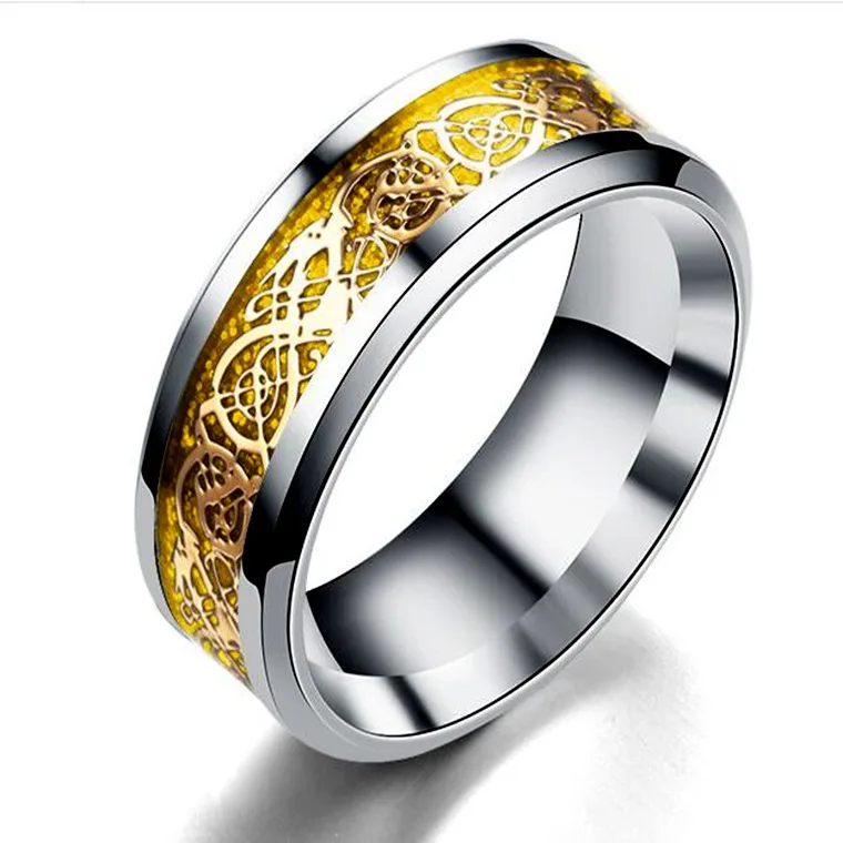 
Jewelry Personalize Two Tone Celtic Knot Dragon Carbon Fiber Inlay Couples Silver Gold Tones Titanium Wedding Band Rings 