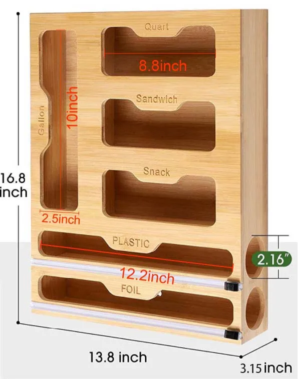 Customizable Kitchen 6 In1  Wooden Drawer With Plastic Foil Wrap Dispenser Holder Bamboo Ziplock Bag Organizer