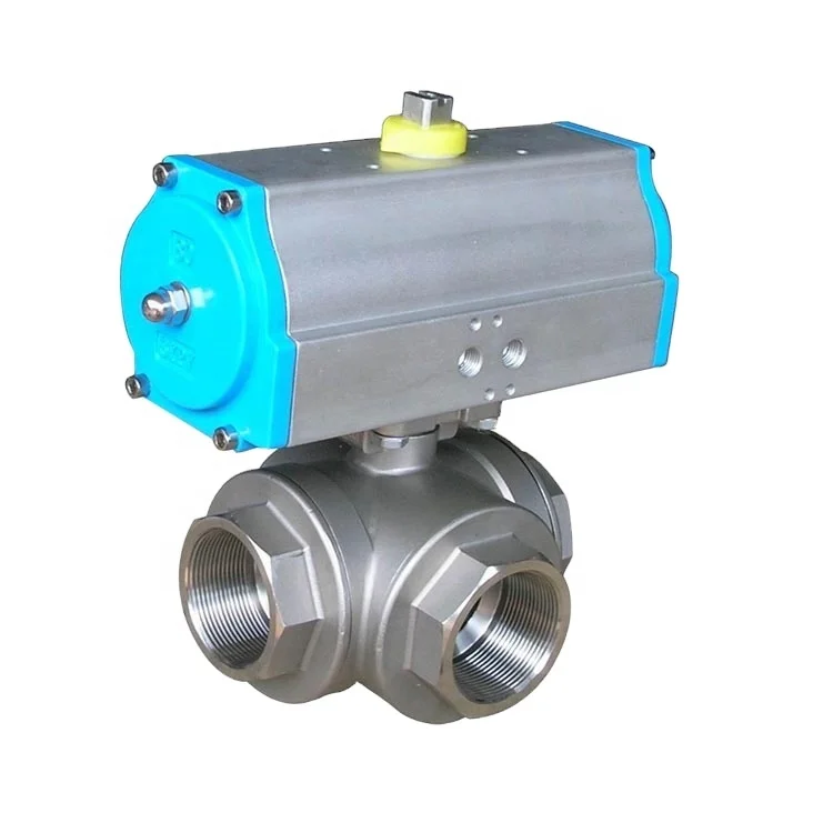 Floating stainless steel three way  ball valves with pneumatic actuator