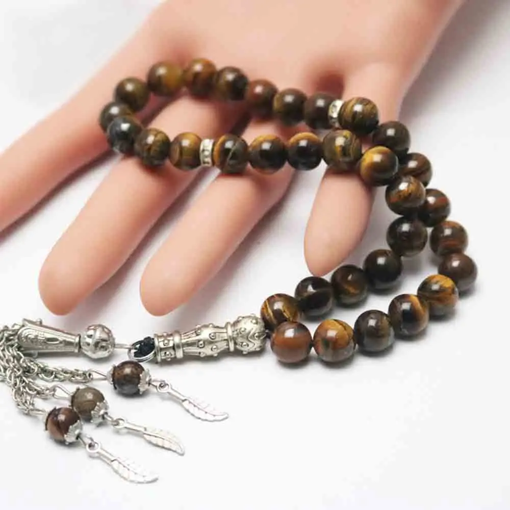 Unisex Muslim Tiger Eye Stone Rosary Bracelet 33 Tesbiha Alloy Tassel Radiation Bracelet