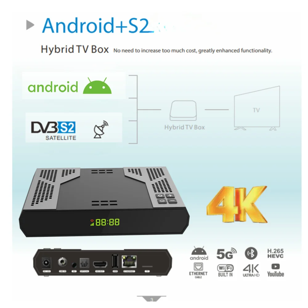 Hybrid Android 4k TV box with DVB S2 hd satellite receiver H265 2+16GB 5G Wifi OTT Set-top Box+DVB-S2 Decoder Satellite Receiver