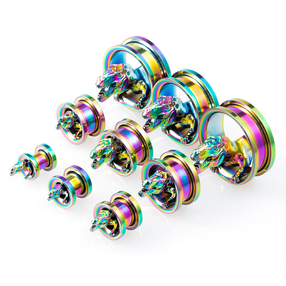 Rainbow 3D Dinosaur Design Surgical Steel Ear Gauge Stretcher Plugs 3D Flesh Tunnel Jewelry