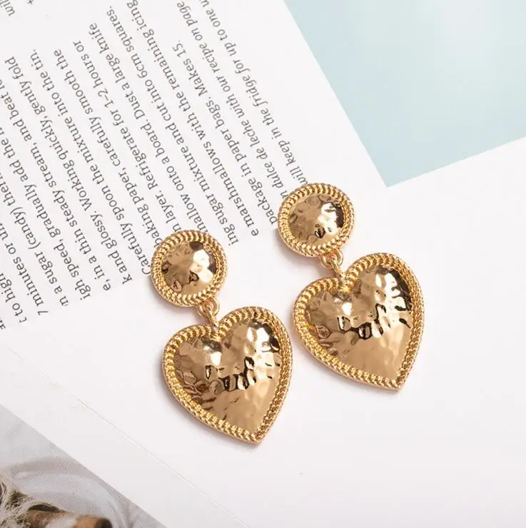 wholesale gold metal earrings jewelry big heart drop statement earrings
