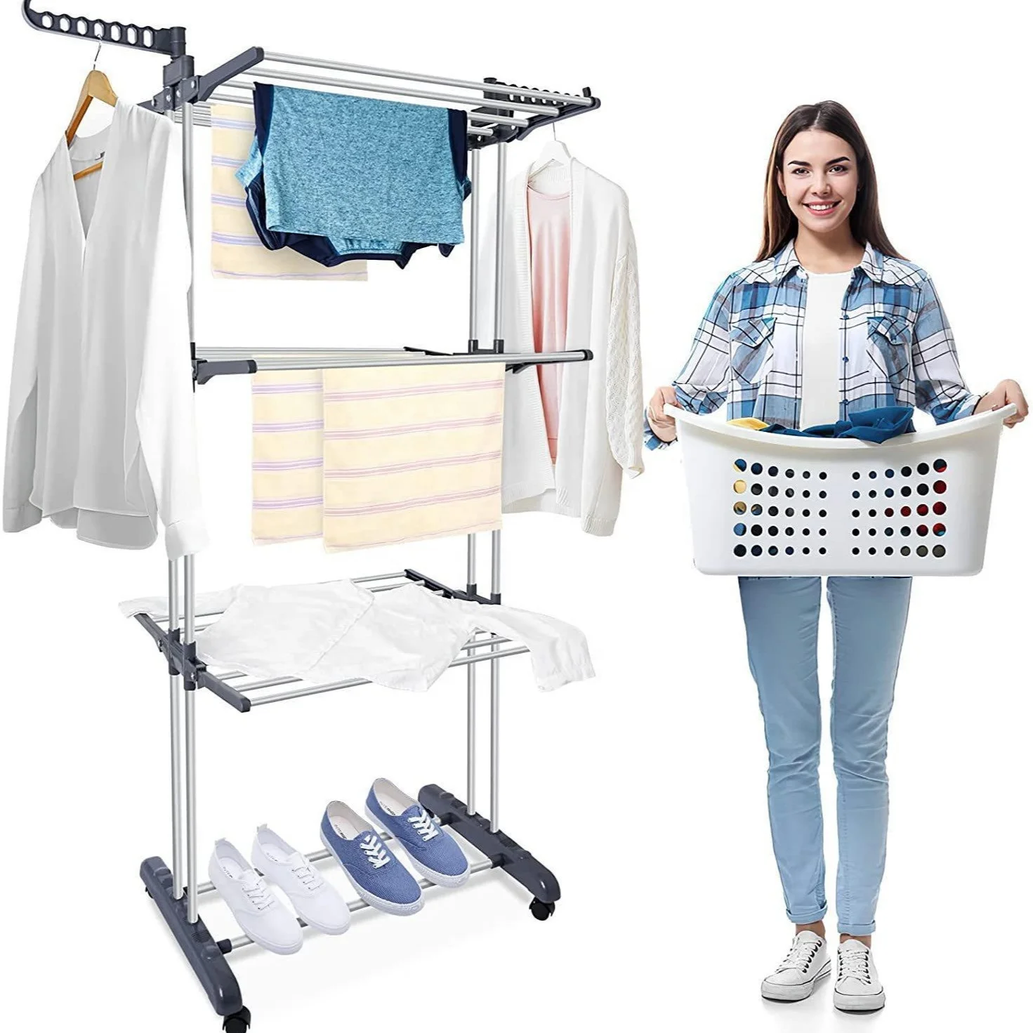 Wholesale Airfoil Foldable And Removable Hanging Rack Three-layer Extendable Clothes Drying Rack Versatile Standing Towel Rack