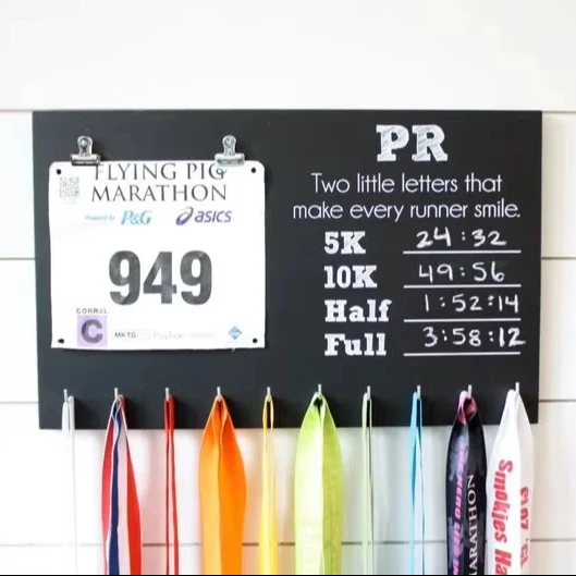 PR Race Bib and Medal Holder On Chalkboard Sturdy Black Steel Metal Over 60 Medals Easy to Install