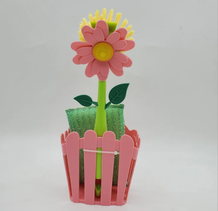 New Design Kitchen Cleaning Flower Shaped Cleaning Brush Set  Dish Scrubber Brush with sponge pad