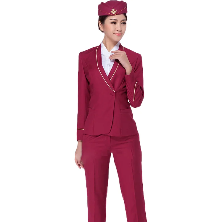 Wholesale New Stylish Red Flight Attendant Uniforms Suits  Airline Clothes Stewardess Uniforms