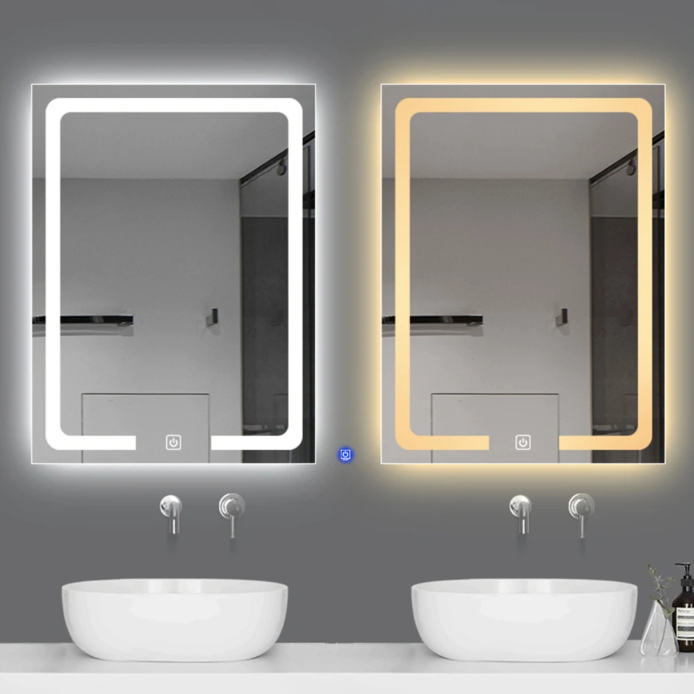 Bathroom Mirror with LED Lights Rectangular Wall Mounted IP44 Defogger Dimmable Frosted Mirror