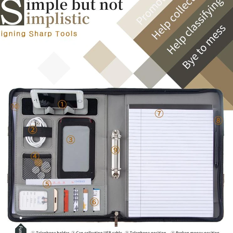 Custom Leather Zip Binder designer portfolio Padfolio With handle for Office School Supply