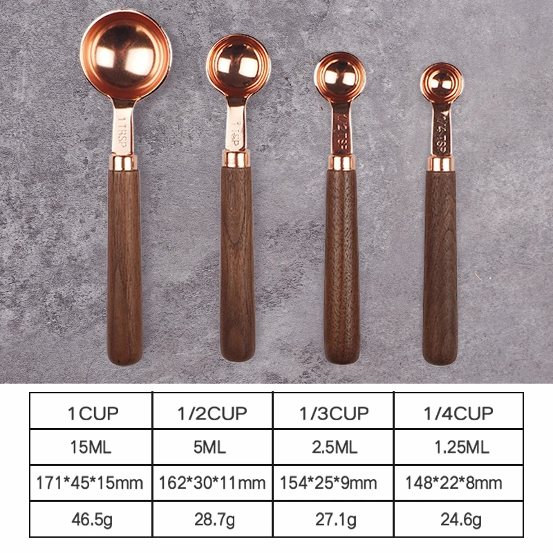 Набор мерных чашек и ложек с деревянной ручкой из орехового дерева покрытием розового золота