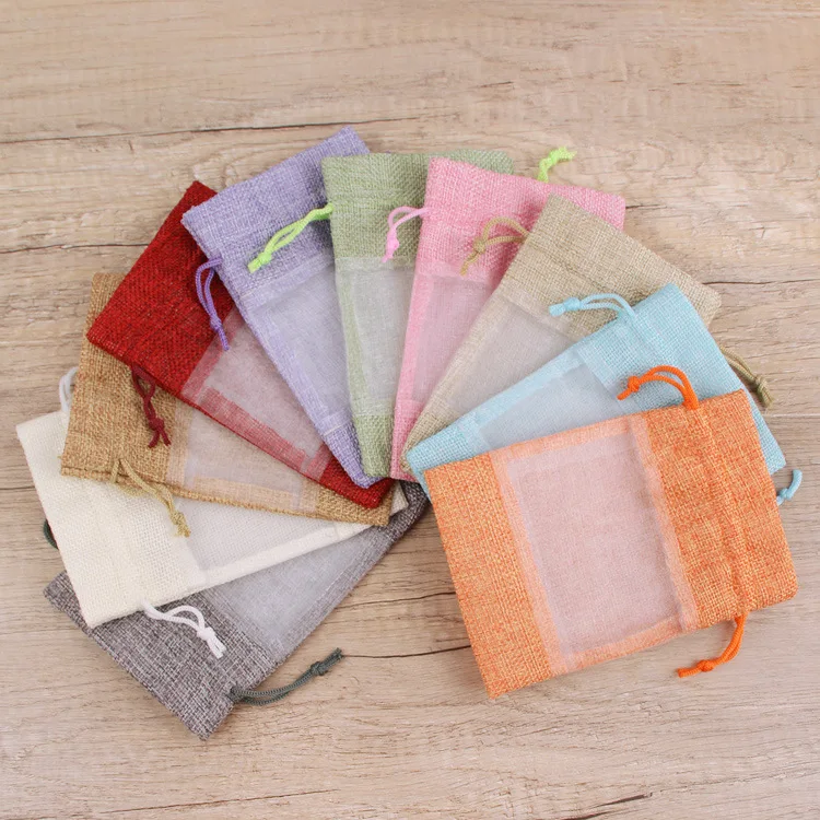 2024 Popur Custom Logo Jute Shopping Bags Linen Coffee Bag Jewelry gift pouch Burlap drawstring Bags With Organza Window