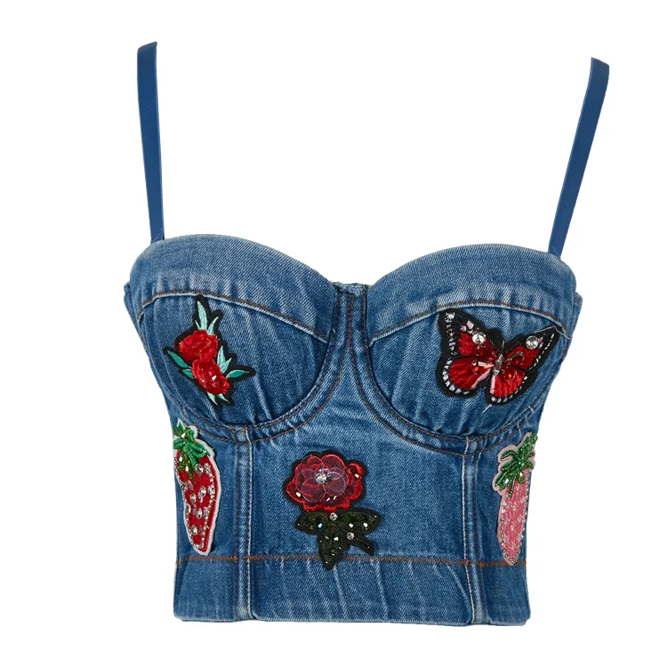 Summer Hot Sales Ladies Sling Corsets Graphic embroidery fashion denim corset tops for women