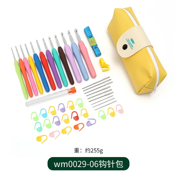 Colorful Rubber Handle Knitting Needles Kit With Sewing Clips Plastic Needles stainless steel Scissors Crochet Hooks Set