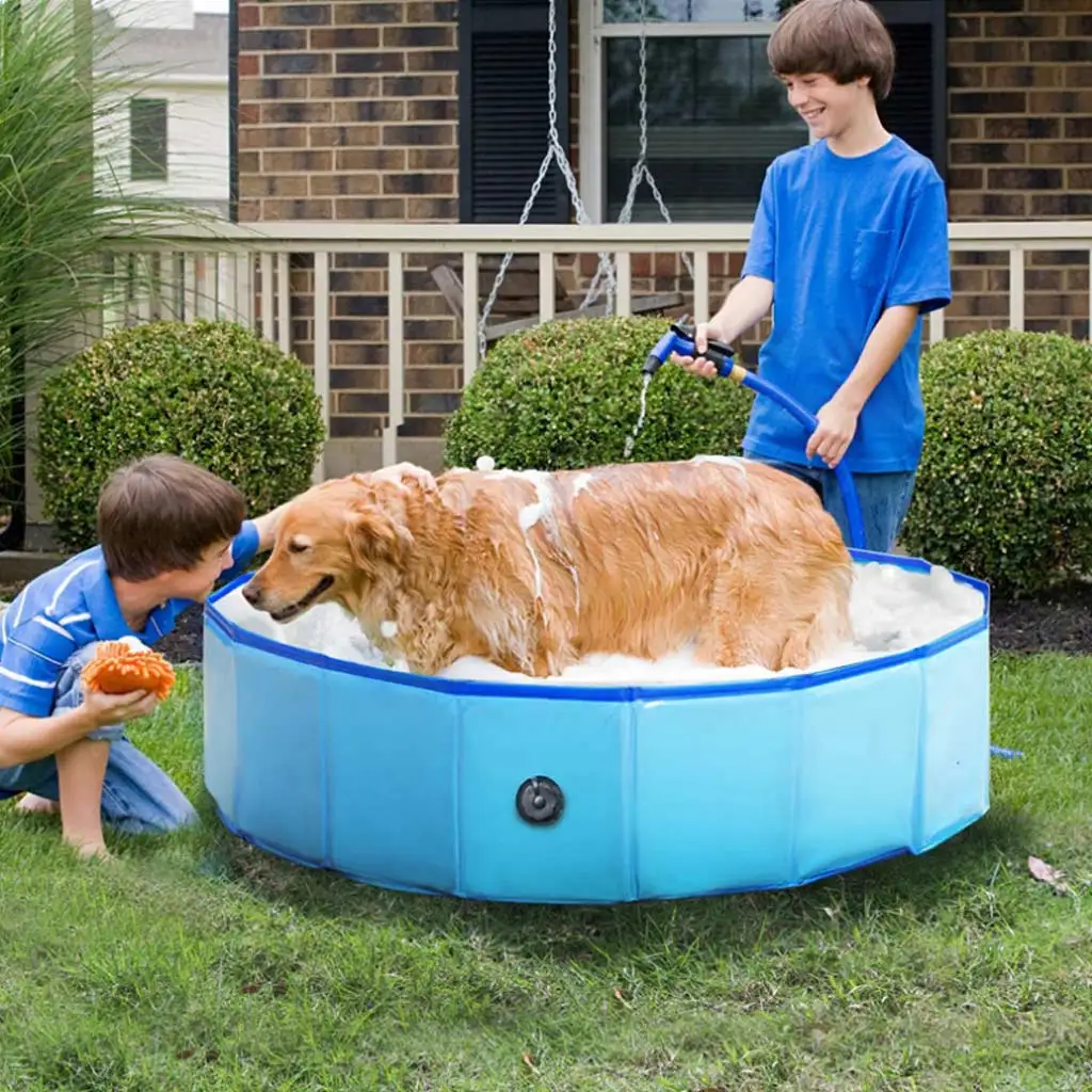 Amazon Foldable Pet Dog Pool Outdoor Come With Brush Anti Slip Durable Round Blue Red Collapsible Paddling Swimming Pool Kids