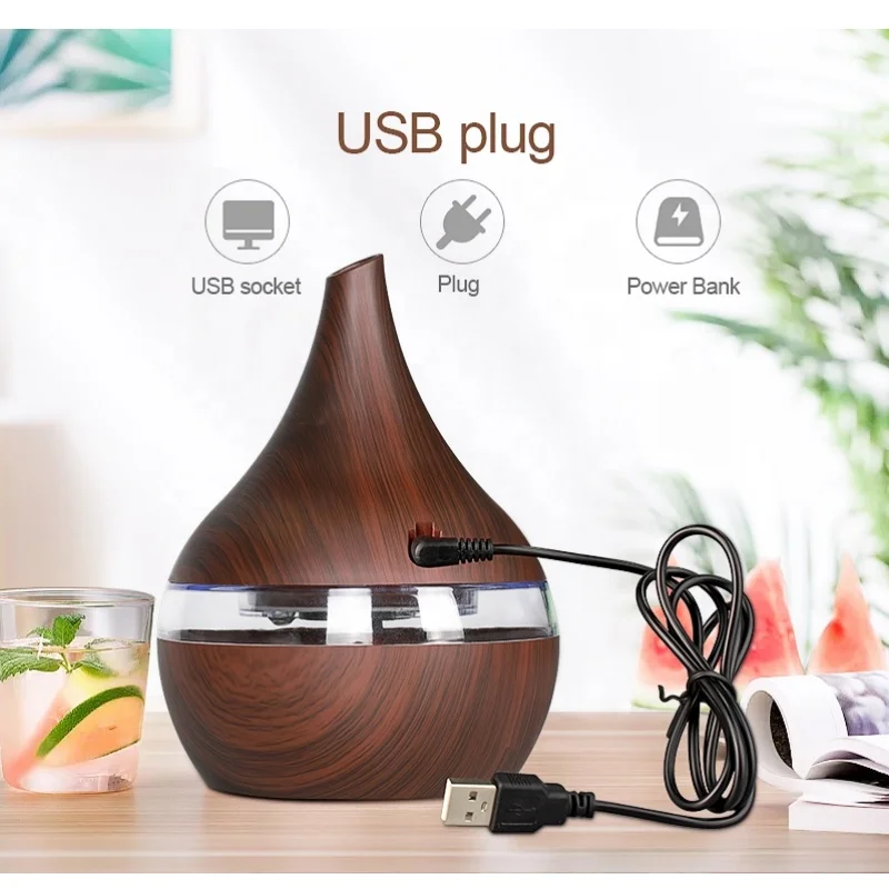 Custom Wholesale Top Seller Wood Grain Design Humidifier Portable Mini 300ml Aroma Diffuser Humidifier