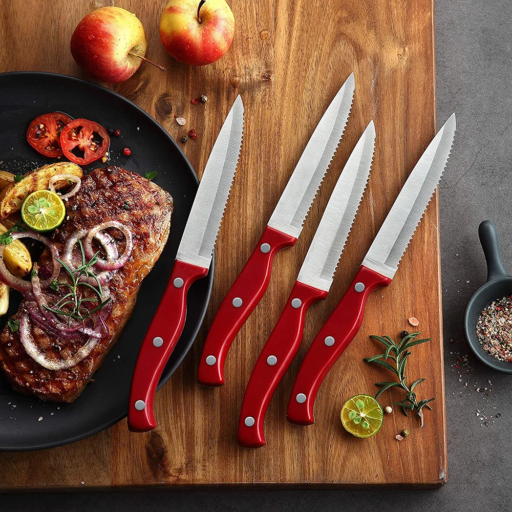 Premium High Quality Luxury Full Tang Serrated Stainless Steel Dishwasher Safe Dinner Knives Plastic Handle Steak Knife Set of 8