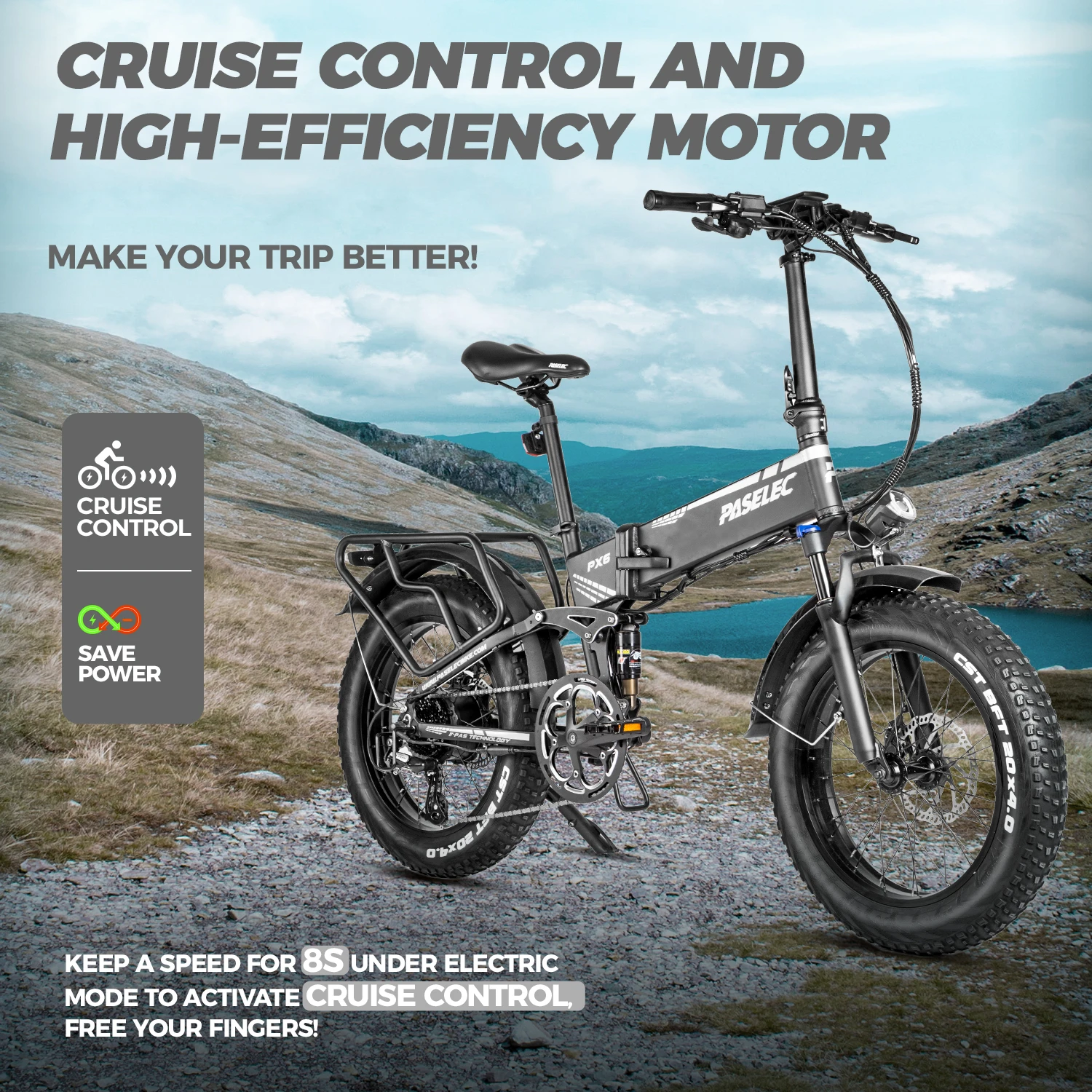 Складной электрический велосипед Paselec с толстыми шинами, складной велосипед, 20 дюймов, электровелосипед, 8 скоростей, с батареей 12 Ач