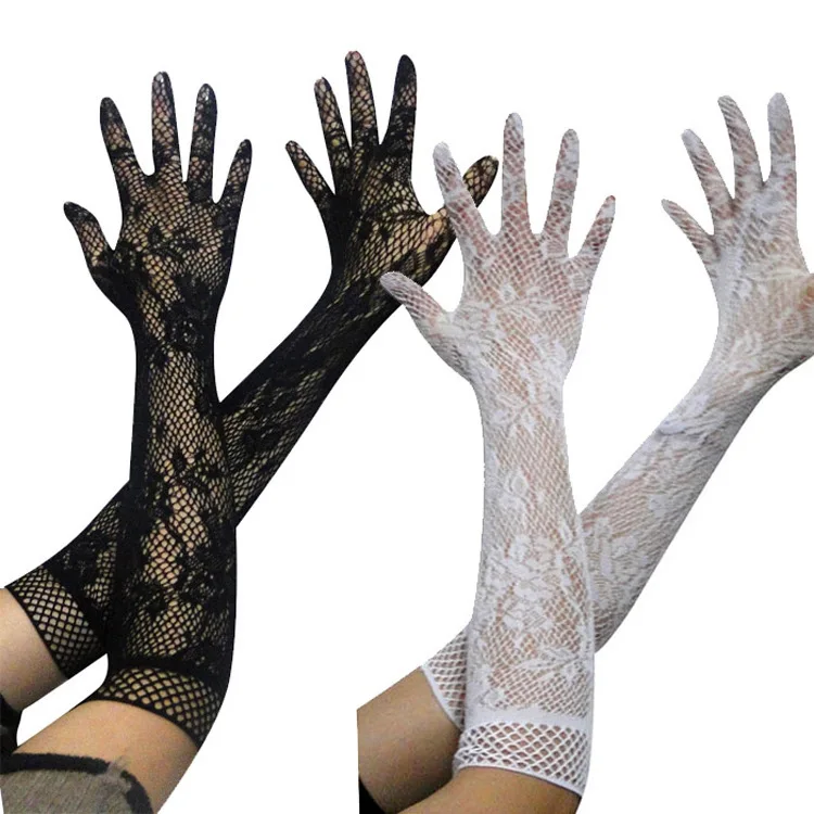 MIO Fashion Floral Lace Bride Gloves Women Vintage Nylon Mesh Sleeve Gloves Long Sexy Black Fishnet Full Finger Gloves