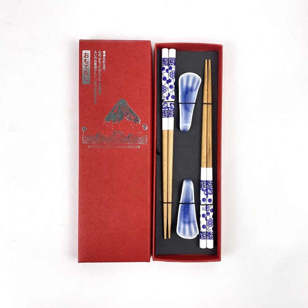 hot sale in 2024. Traditional Chinese style blue and white wooden classic chopsticks with ceramic holders