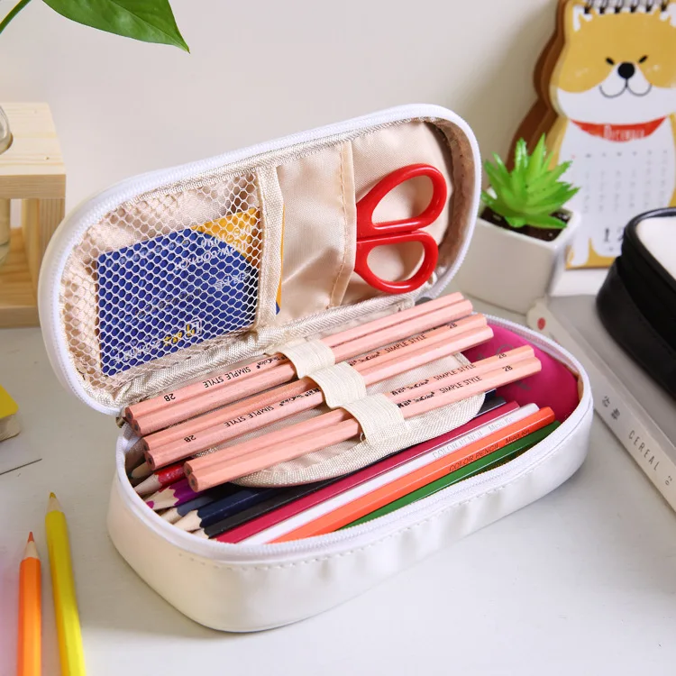Cute large-capacity PU Students Kids School Double-layer Stationery Box Organizer Zipper Pencil Case Pen Bag Pouch