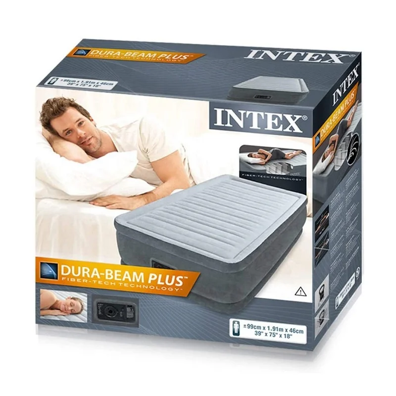 Intex 64412 Twin Dura-Beam Series Elevated Airbed With Built Pump Single Bed Inflatable Air Mattress