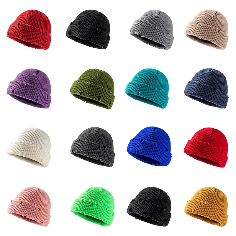 Streetwear Winter Skull Cap Custom Embroidery Acrylic Knit Beanie Hats Cuff Distressed Beanie for Men  Women