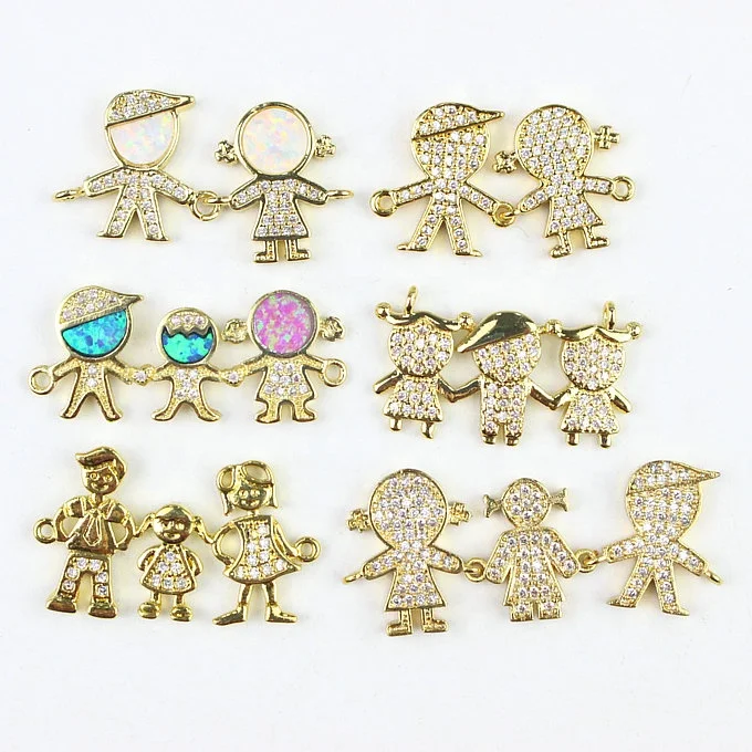 CH-LHP1246 Delicate CZ Family Connector Gold Plated Boy Girl Charm Opal Boy Girl Connector For Necklace Bracelet Charm Wholesale