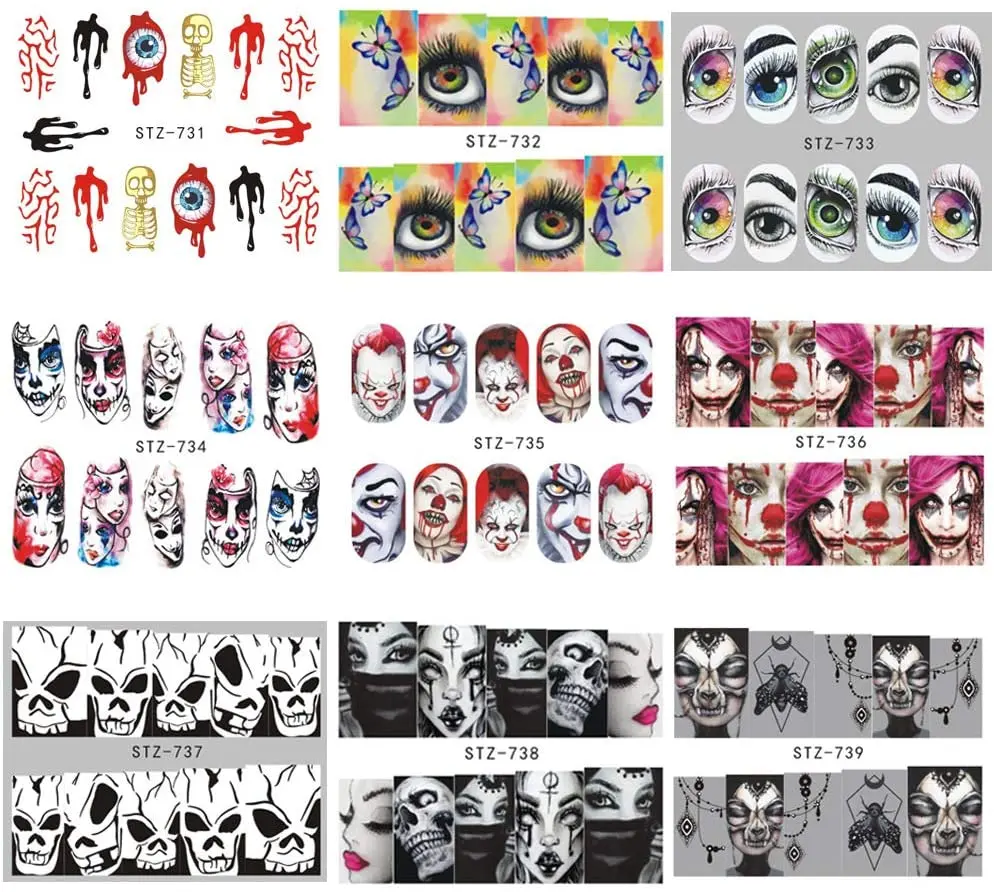 Free Shipping 25 Sheets Halloween Nail Stickers Day of The Dead Water Transfer Nail Decals Skull Ghost Eye Skull Eye Spider