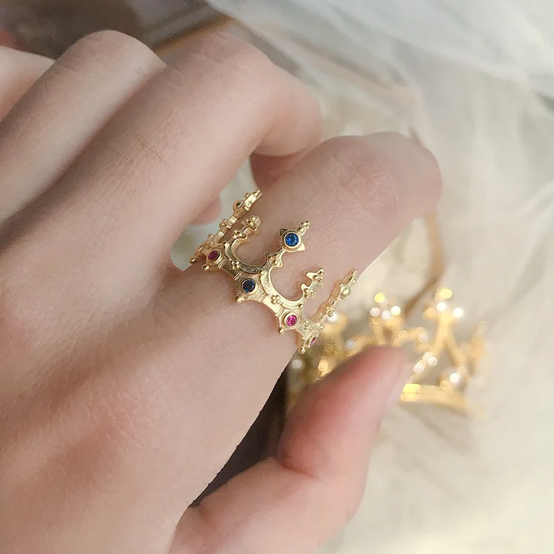 Vintage Style Blue Red Zircon King Queen Castle Crown 18K Gold Sterling Silver 925 Open Adjustable Ring For Women